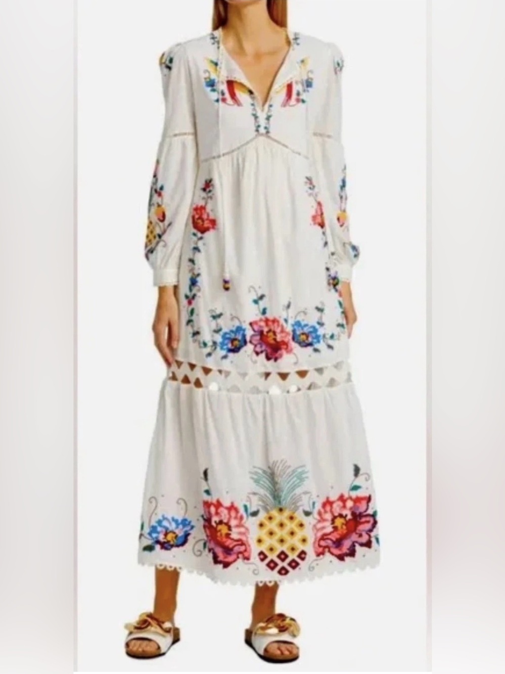 FARM Rio White Maxi Dress with Multicolor Floral & Pineapple Embroidery